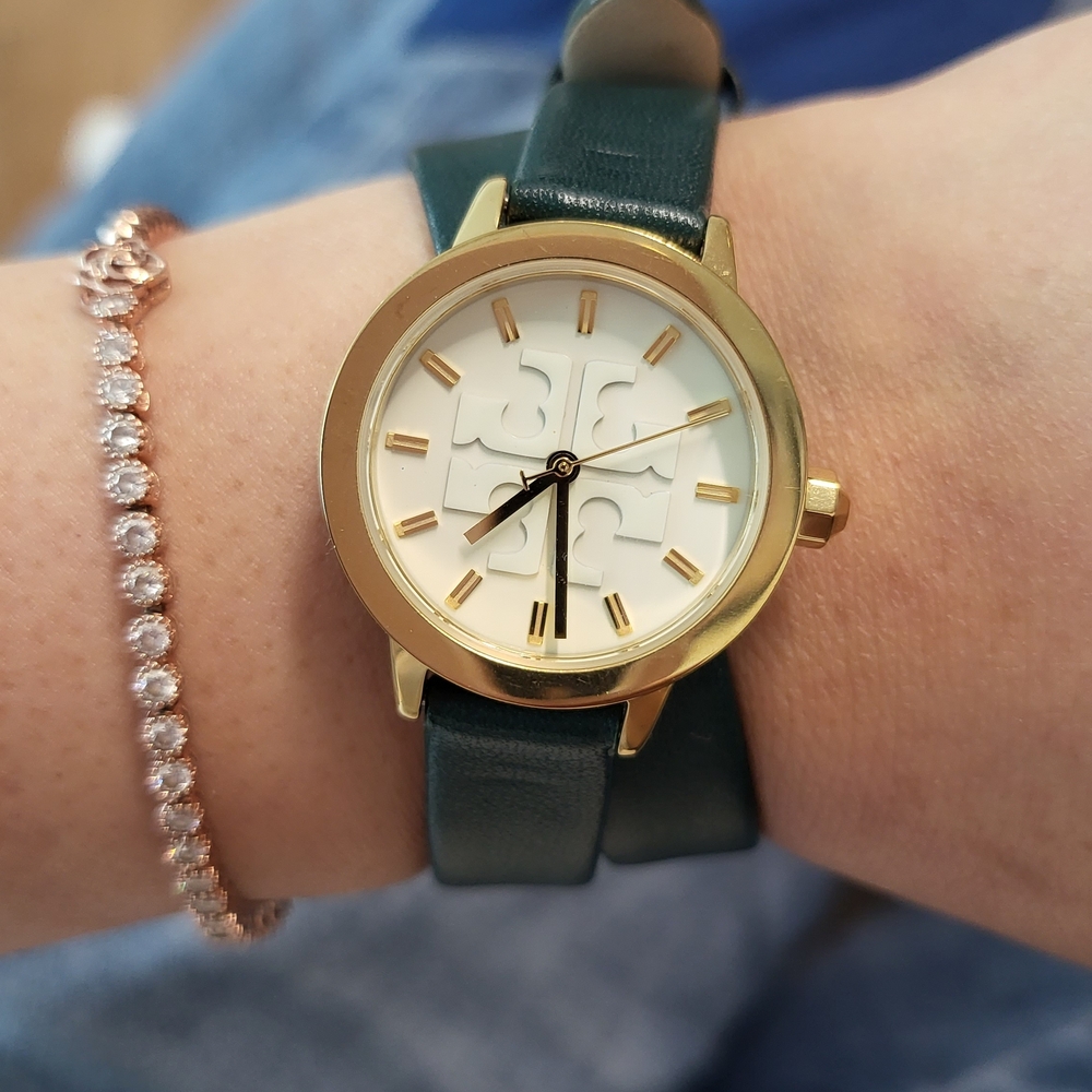Tory Burch Gold Tone Watch with Dark Green Leather Strap